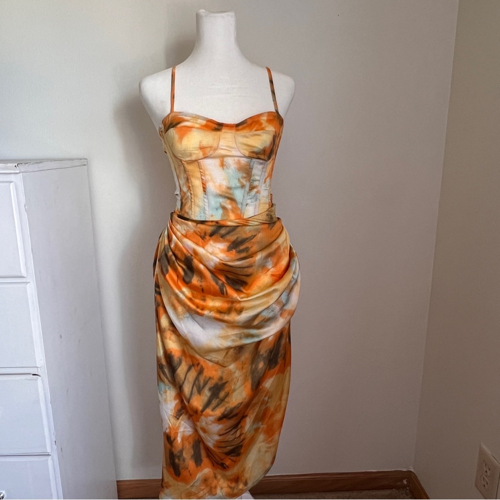 PrettyLittleThing Strapless Orange Tie-Dye Dress